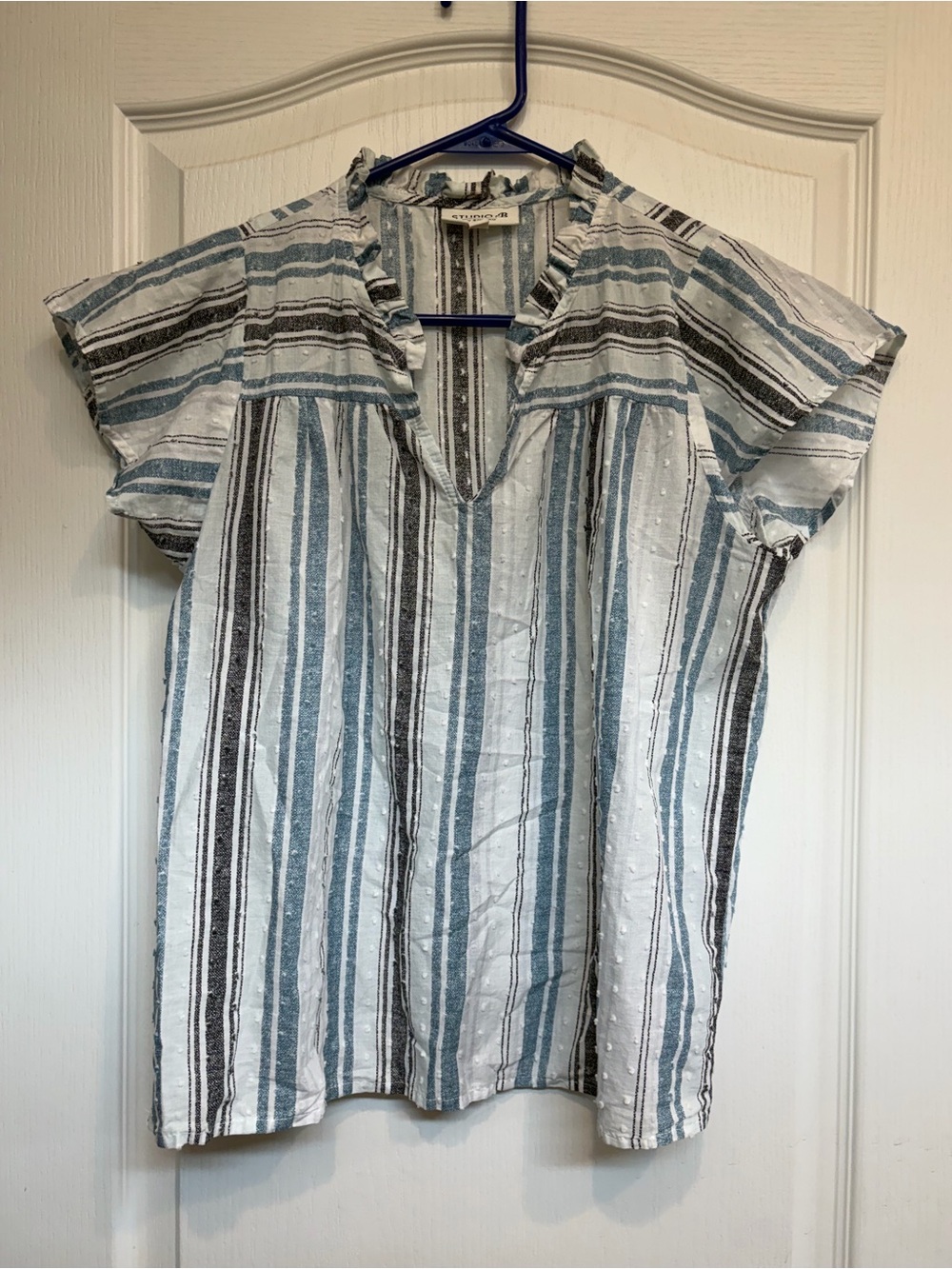 Ruffled V-Neck Striped Blouse in Blue, White & Gray